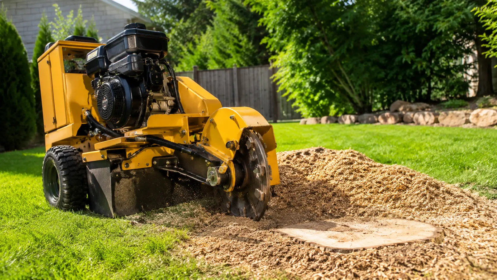 A stump grinder beside a freshly ground stump and wood chips